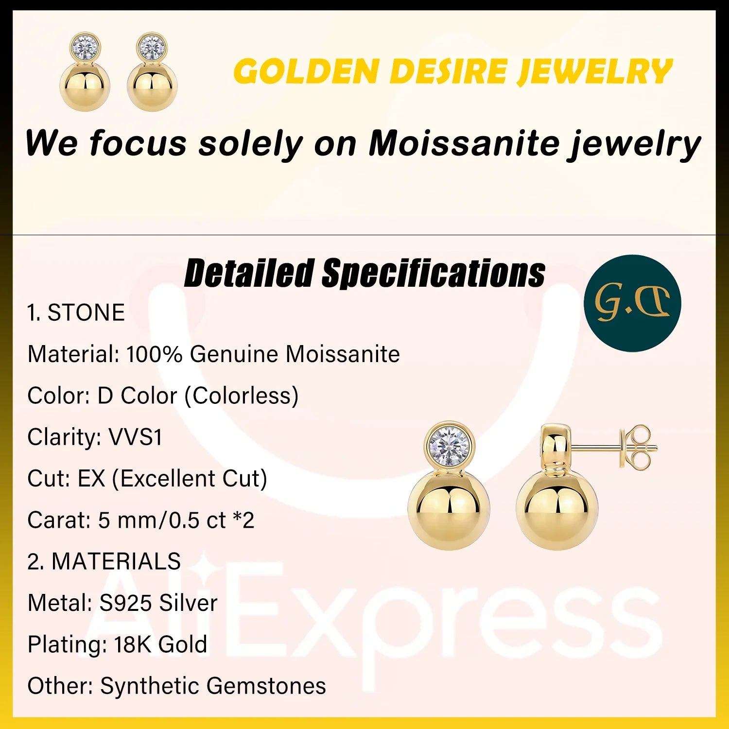 0.5ct x2 Moissanite Orb Stud Earrings S925 Sterling Silver 18K Gold Plated