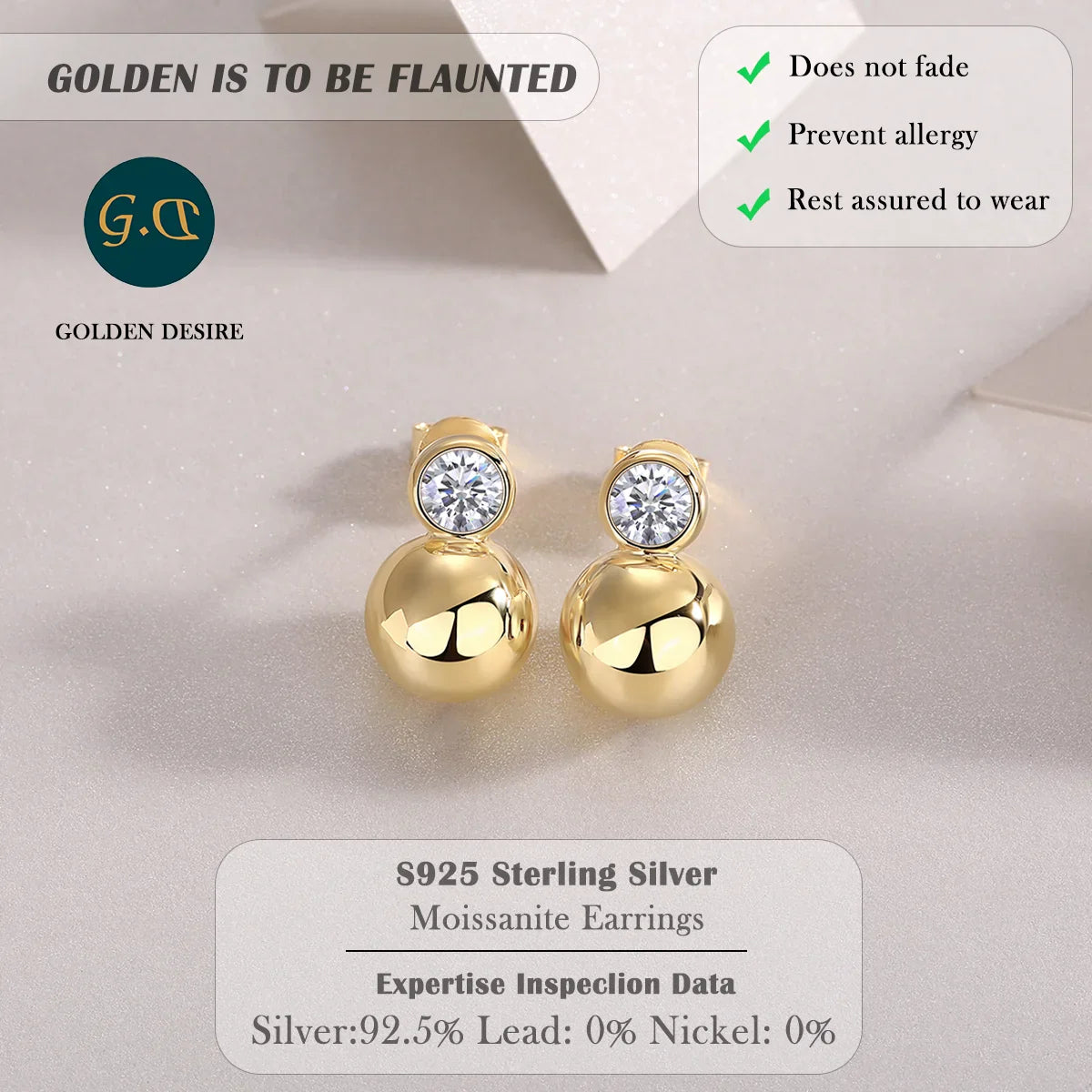 0.5ct x2 Moissanite Orb Stud Earrings S925 Sterling Silver 18K Gold Plated