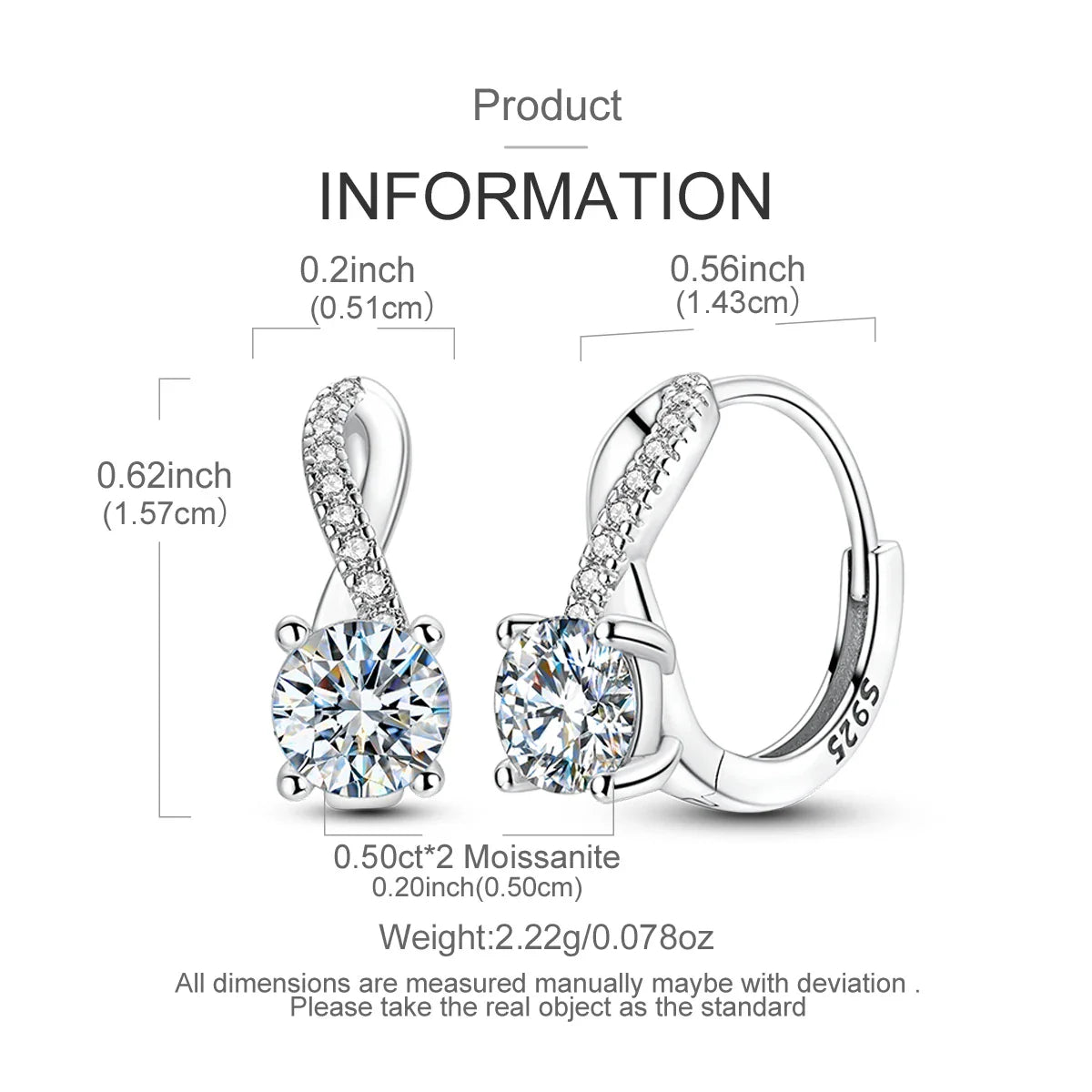 1.0ct Moissanite Hoop Earrings 925 Sterling Silver Wrap For Women Wedding