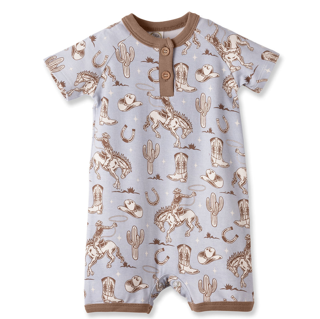 Wild Wrangler/Blue Western Bamboo Shorty Romper for Boys