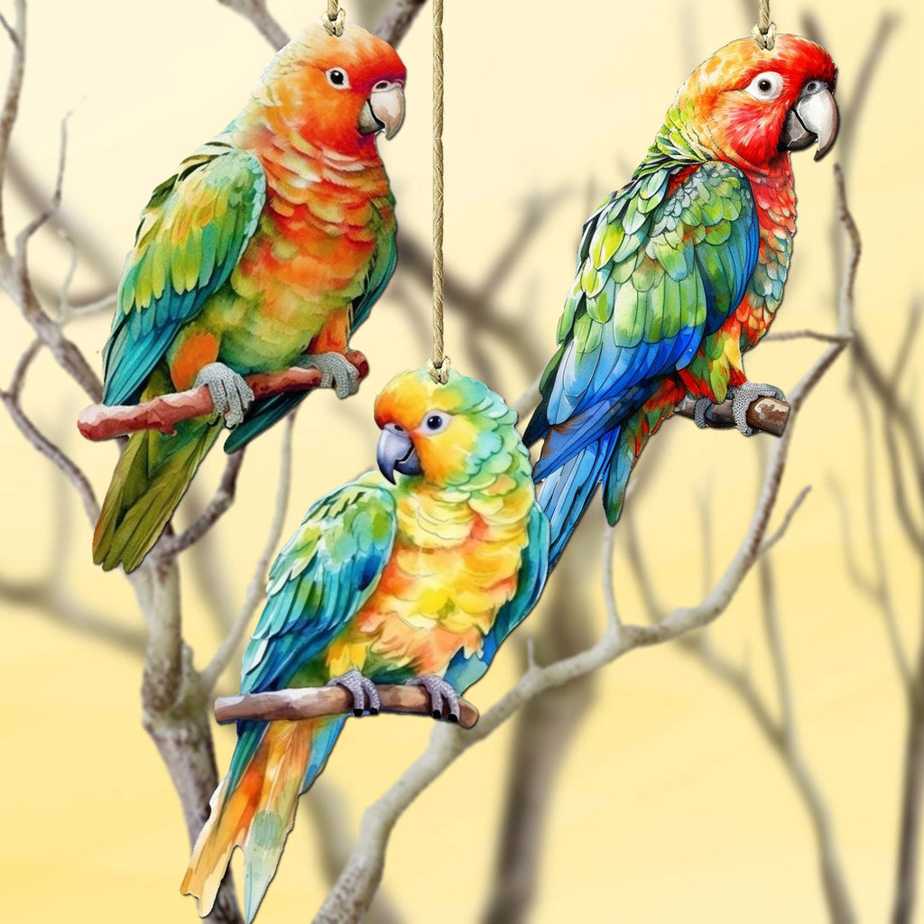 Parrots Decorative Wooden Ornaments of 3 by G. Debrekht - Wildlife Decor - 8091013-S3-1