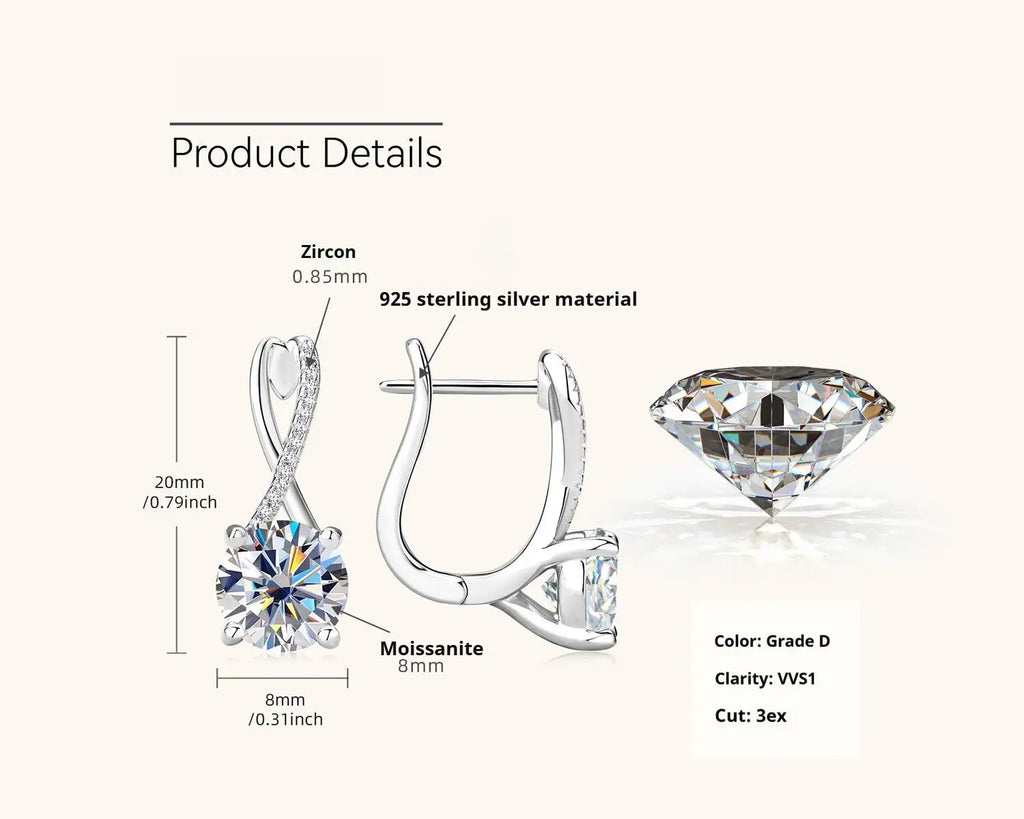 2 Ct Moissanite Clip-On Earrings 925 Sterling Silver Interlaced Studs Gift