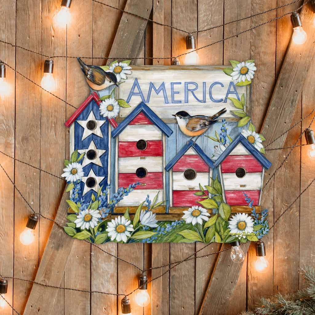 Front Door Patriotic Decoration American Red and White Birdhouse Welcome Sign - Handmade Gift Rustic Adornment by Susan Winget for Wooden Front Porch Decor - 8471213H-SW-3