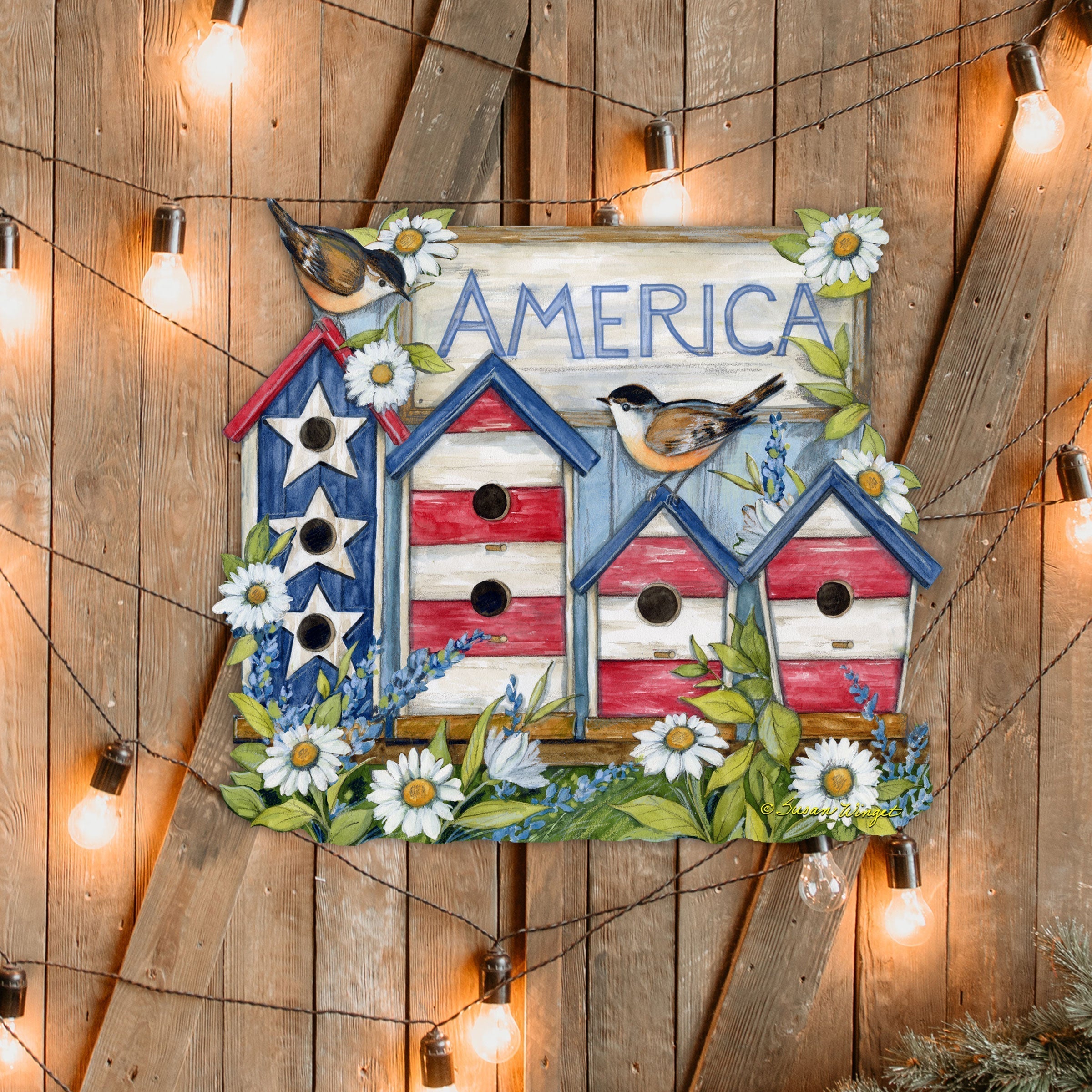 Front Door Patriotic Decoration American Red and White Birdhouse Welcome Sign - Handmade Gift Rustic Adornment by Susan Winget for Wooden Front Porch Decor - 8471213H-SW-3