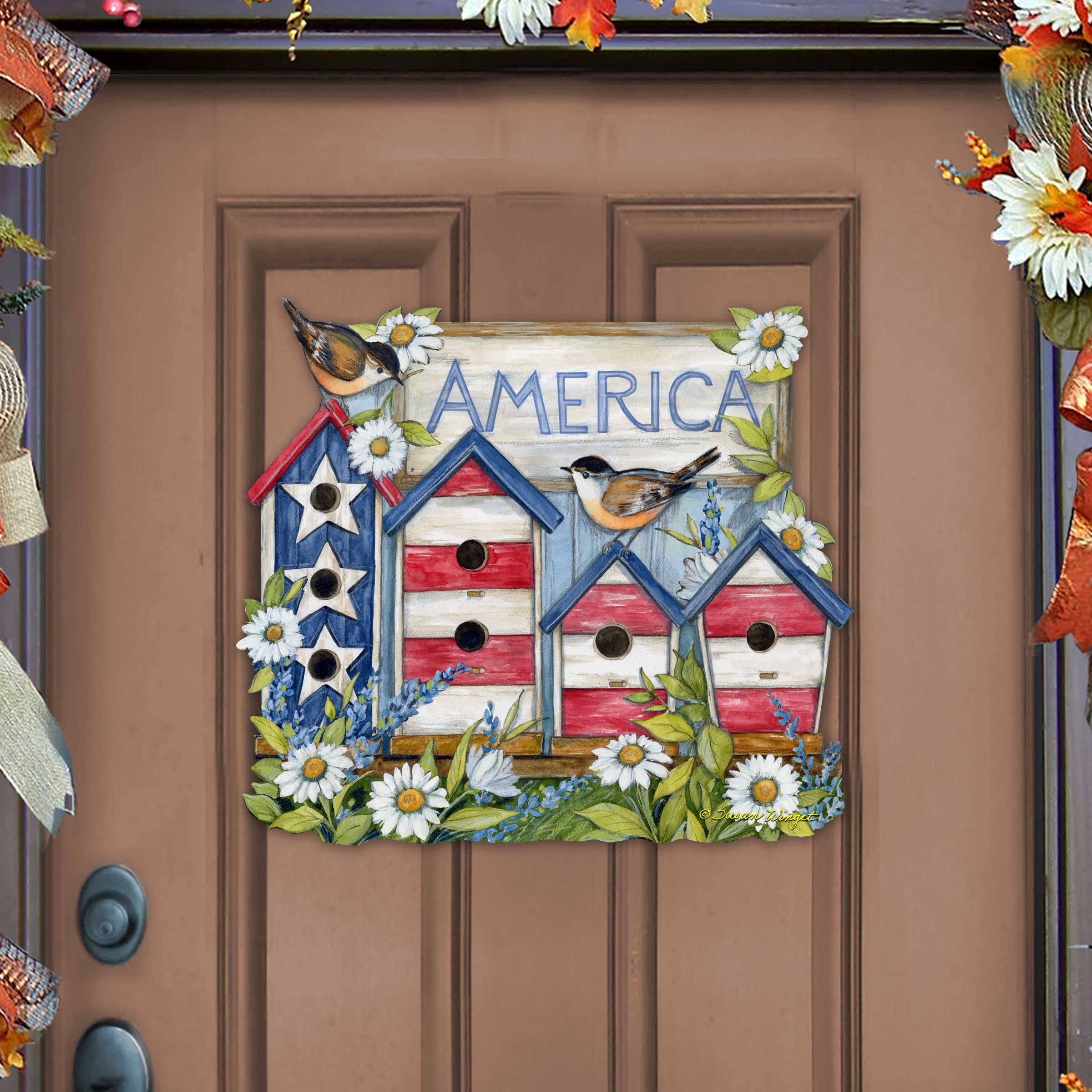 Front Door Patriotic Decoration American Red and White Birdhouse Welcome Sign - Handmade Gift Rustic Adornment by Susan Winget for Wooden Front Porch Decor - 8471213H-SW-0