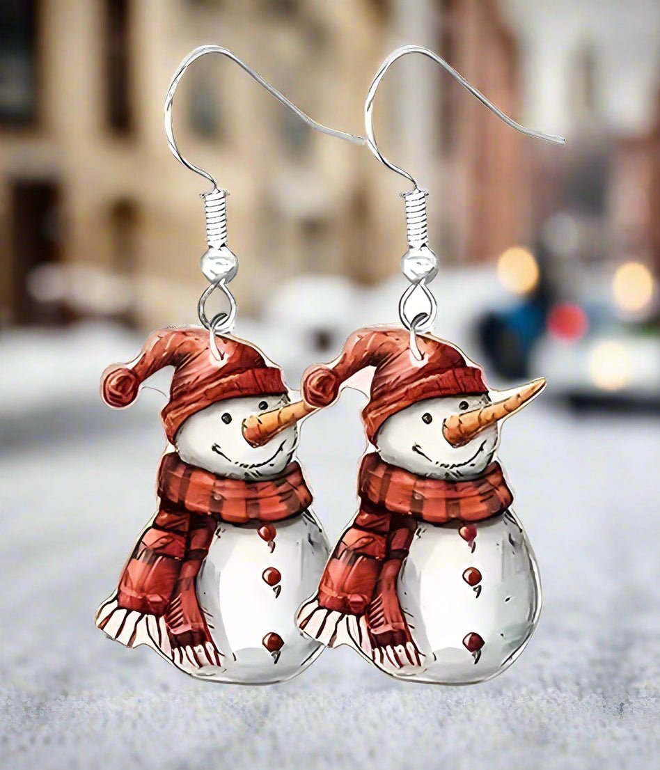 Snowman Christmas Earrings - Red Scarf-0