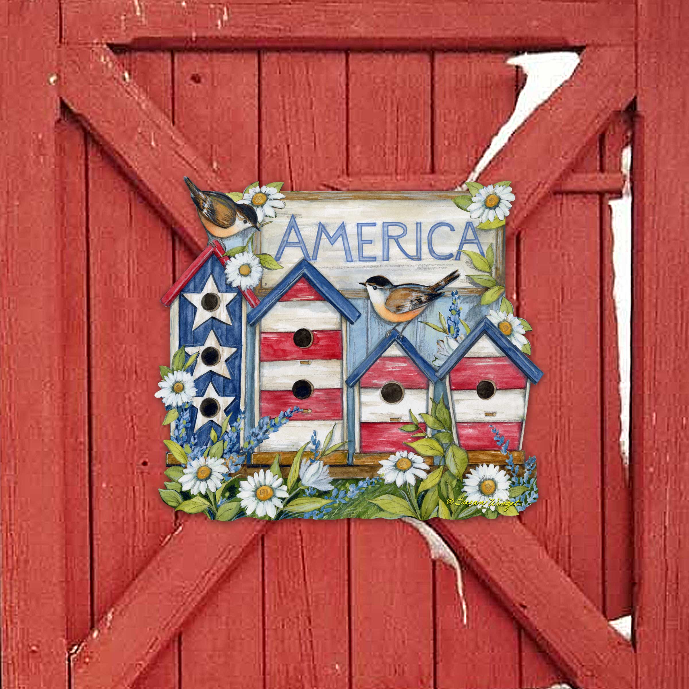 Front Door Patriotic Decoration American Red and White Birdhouse Welcome Sign - Handmade Gift Rustic Adornment by Susan Winget for Wooden Front Porch Decor - 8471213H-SW-1