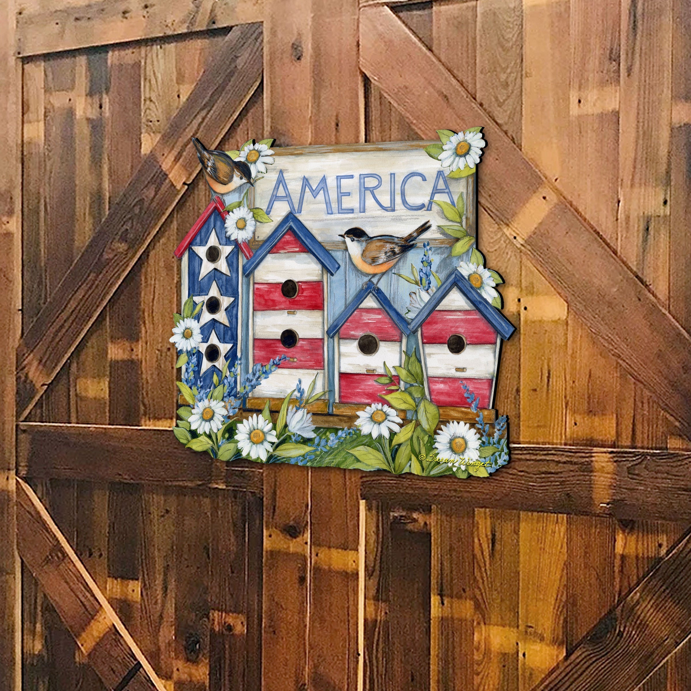 Front Door Patriotic Decoration American Red and White Birdhouse Welcome Sign - Handmade Gift Rustic Adornment by Susan Winget for Wooden Front Porch Decor - 8471213H-SW-4