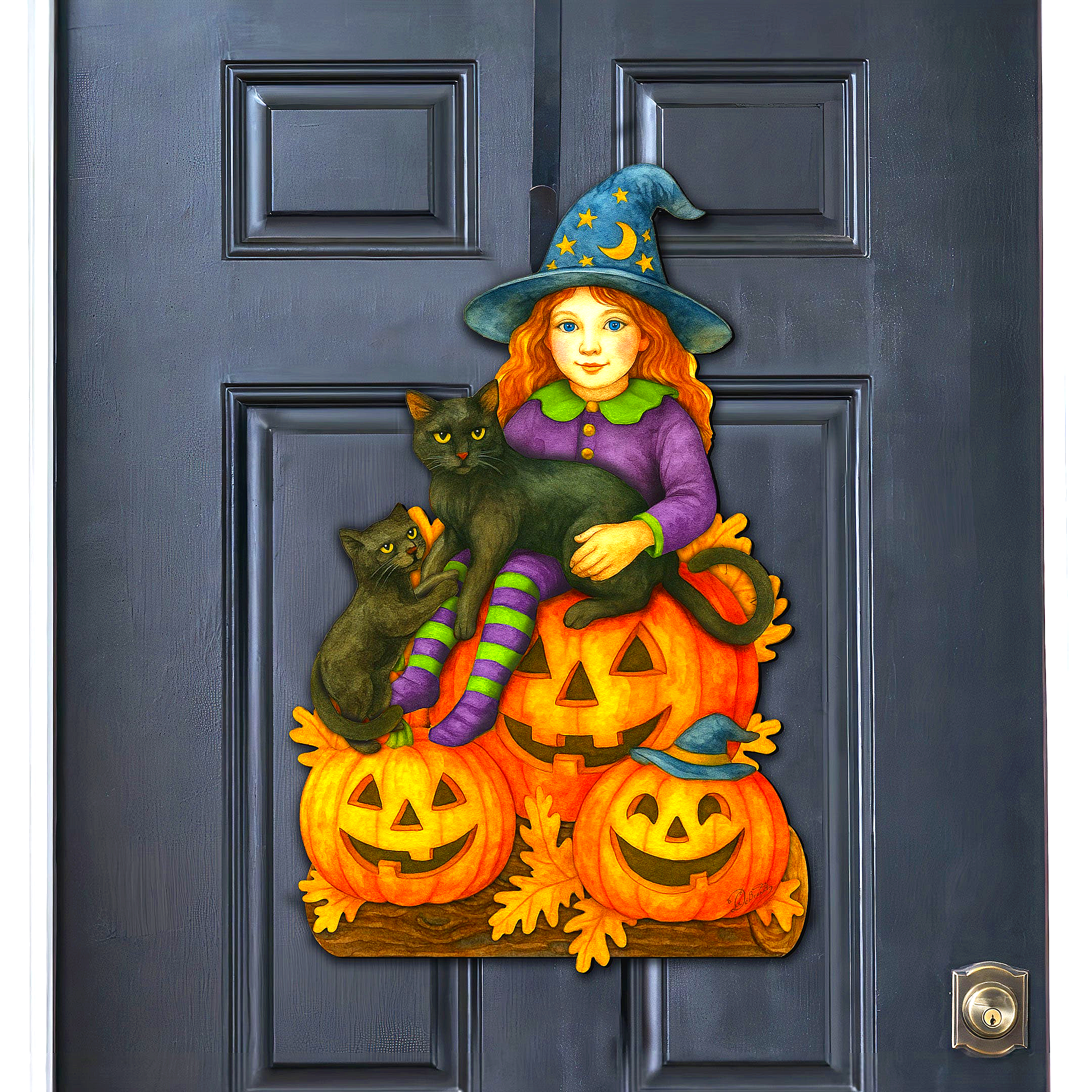Halloween Witch with Black Cats Door Hanger – Handcrafted Wooden Door Décor by G. DeBrekht – 8652838H-0