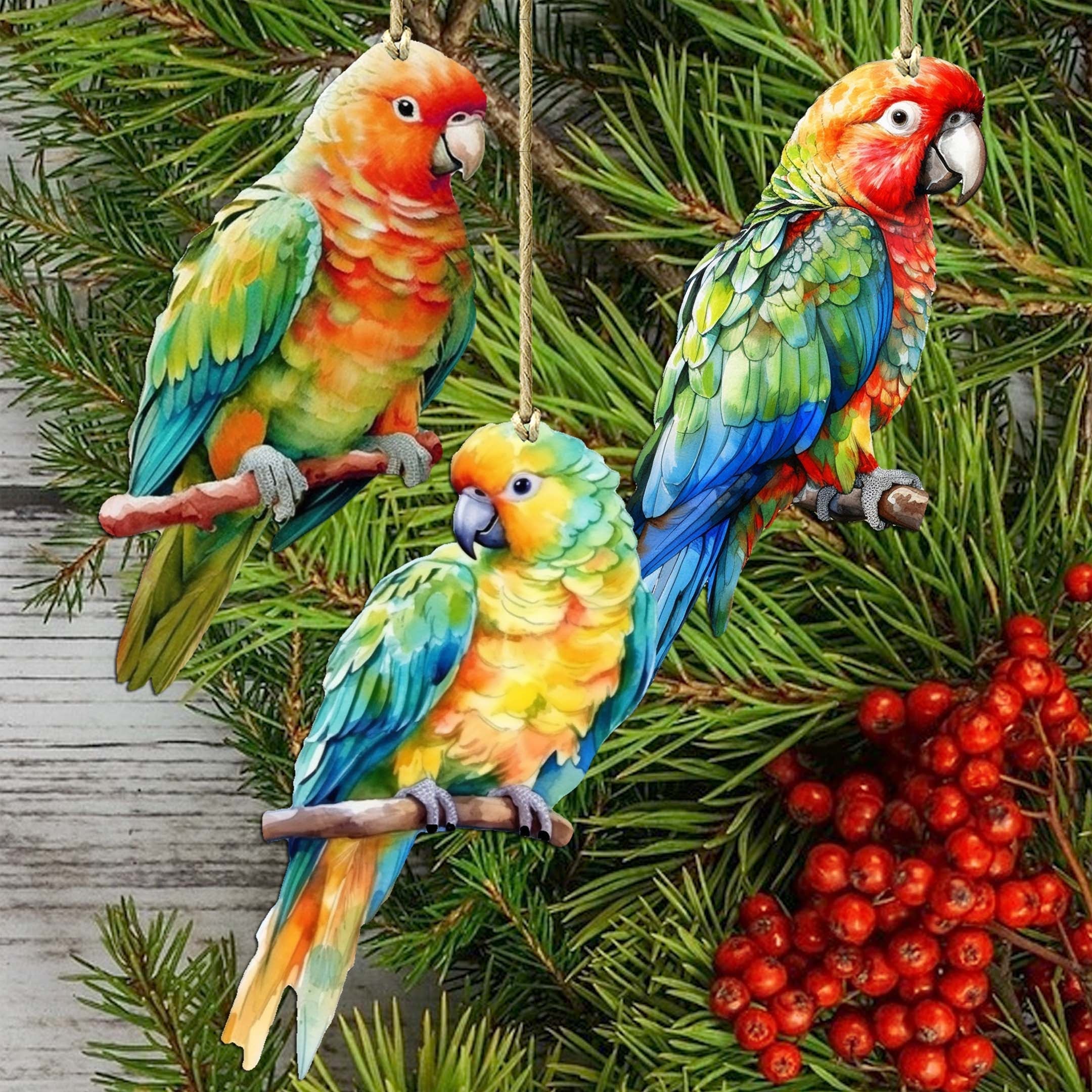Parrots Decorative Wooden Ornaments of 3 by G. Debrekht - Wildlife Decor - 8091013-S3-2