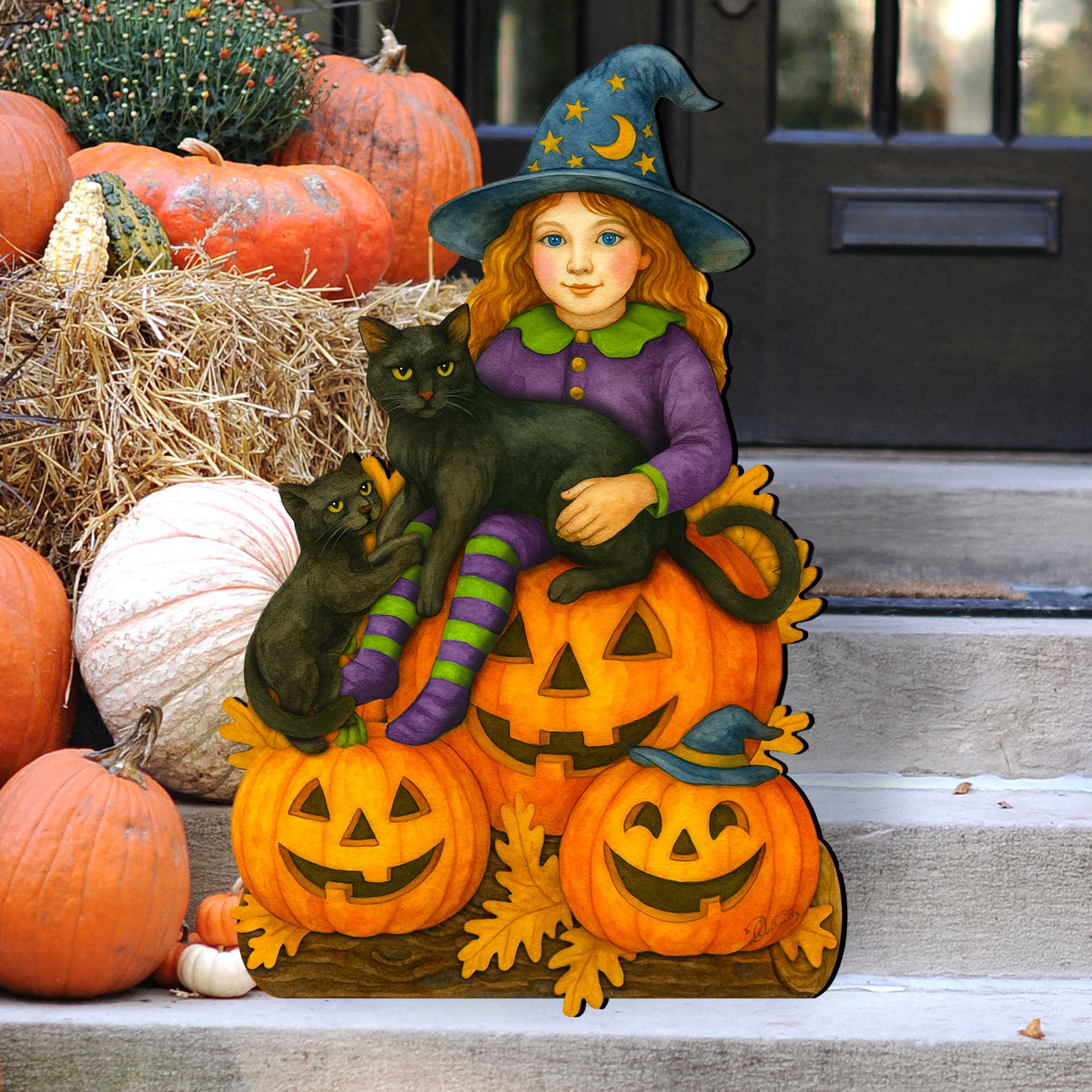 Halloween Witch with Black Cats Door Hanger – Handcrafted Wooden Door Décor by G. DeBrekht – 8652838H-2