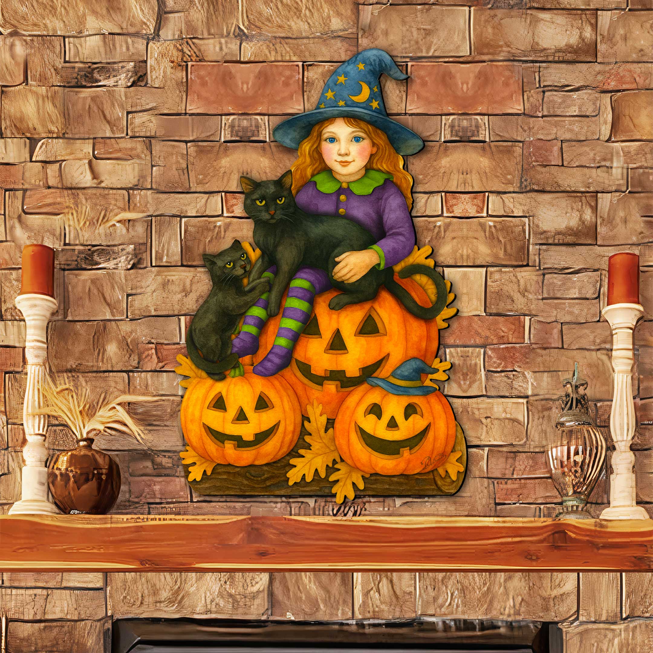 Halloween Witch with Black Cats Door Hanger – Handcrafted Wooden Door Décor by G. DeBrekht – 8652838H-3