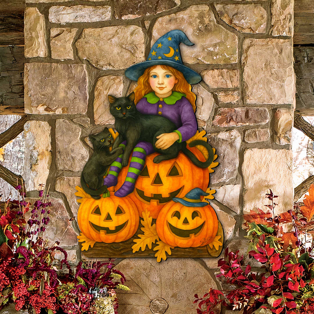 Halloween Witch with Black Cats Door Hanger – Handcrafted Wooden Door Décor by G. DeBrekht – 8652838H-4