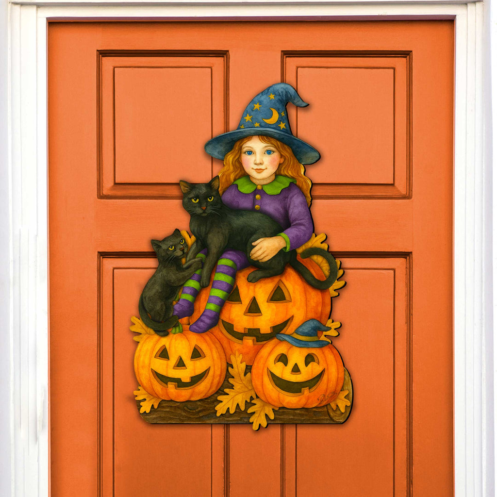 Halloween Witch with Black Cats Door Hanger – Handcrafted Wooden Door Décor by G. DeBrekht – 8652838H-1