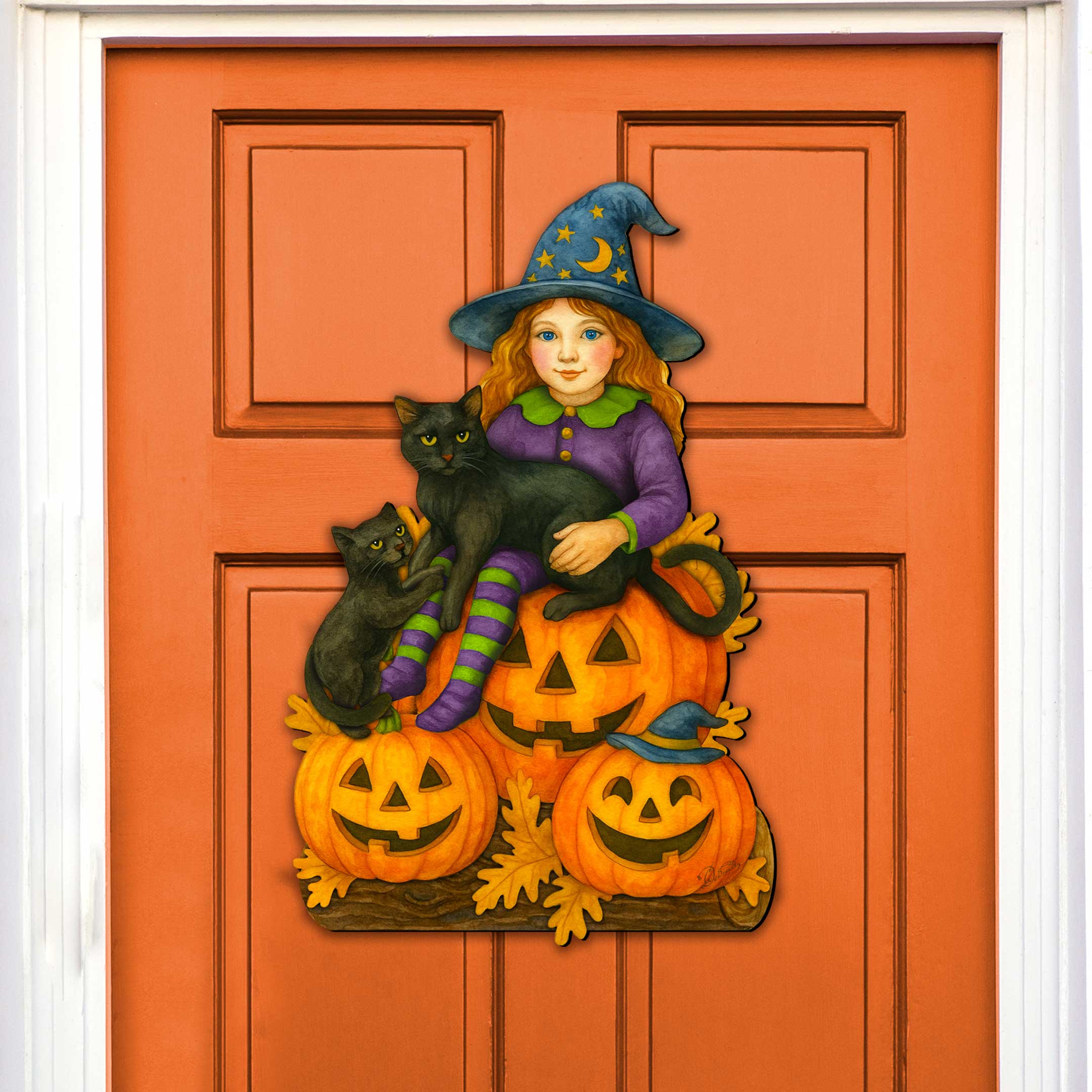 Halloween Witch with Black Cats Door Hanger – Handcrafted Wooden Door Décor by G. DeBrekht – 8652838H-1