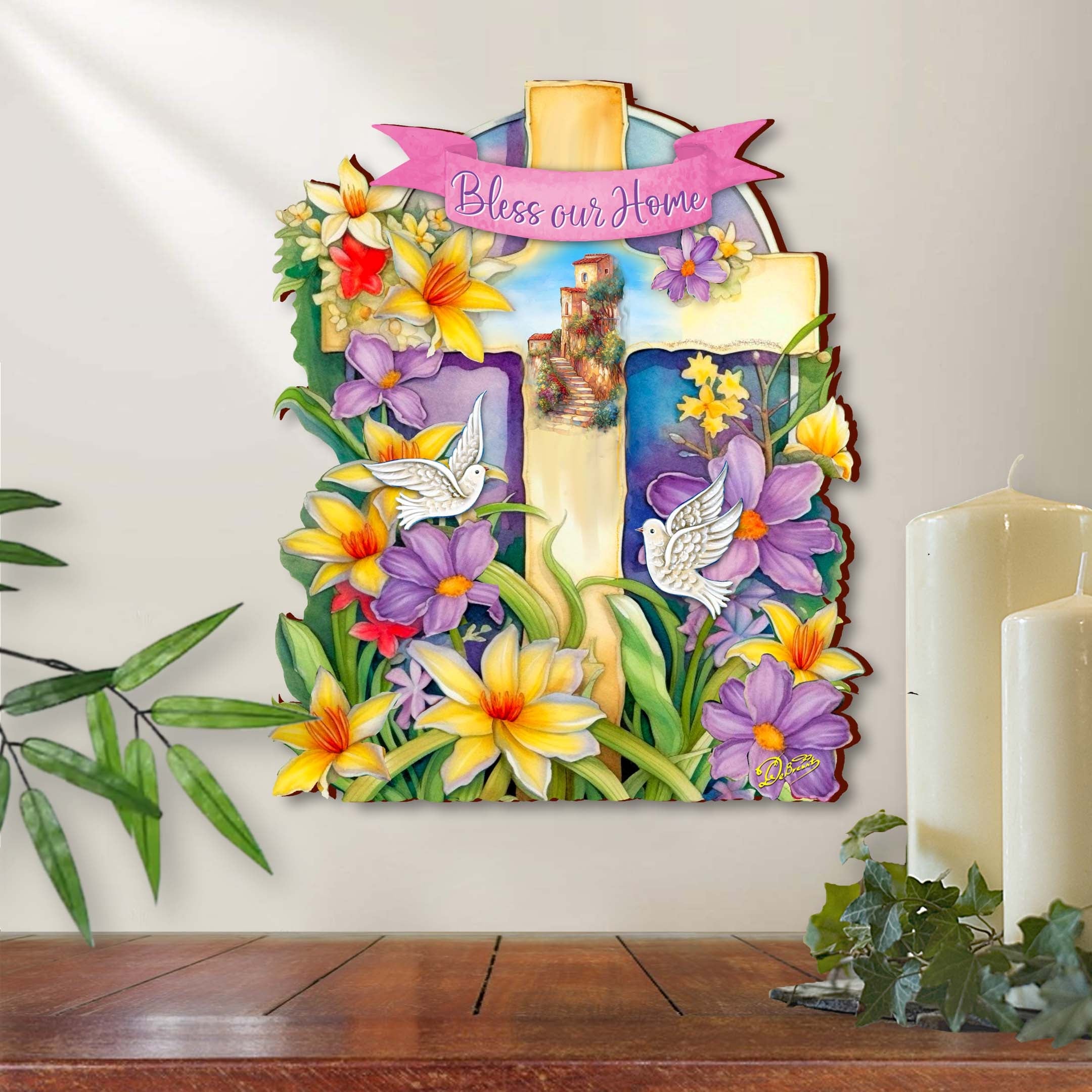 Bless Our Home Wooden Cross by G. Debrekht - Easter Spring Décor - 88161-4