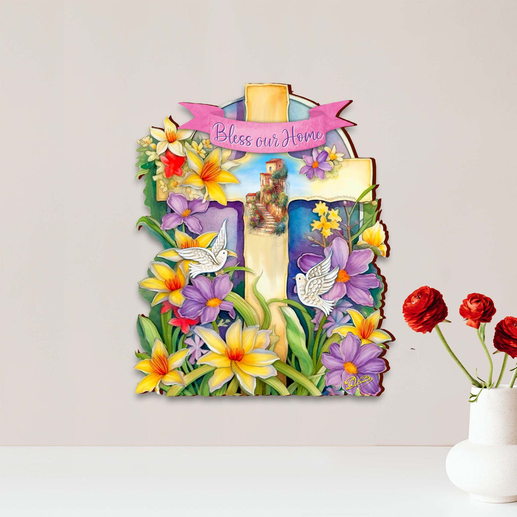 Bless Our Home Wooden Cross by G. Debrekht - Easter Spring Décor - 88161-2