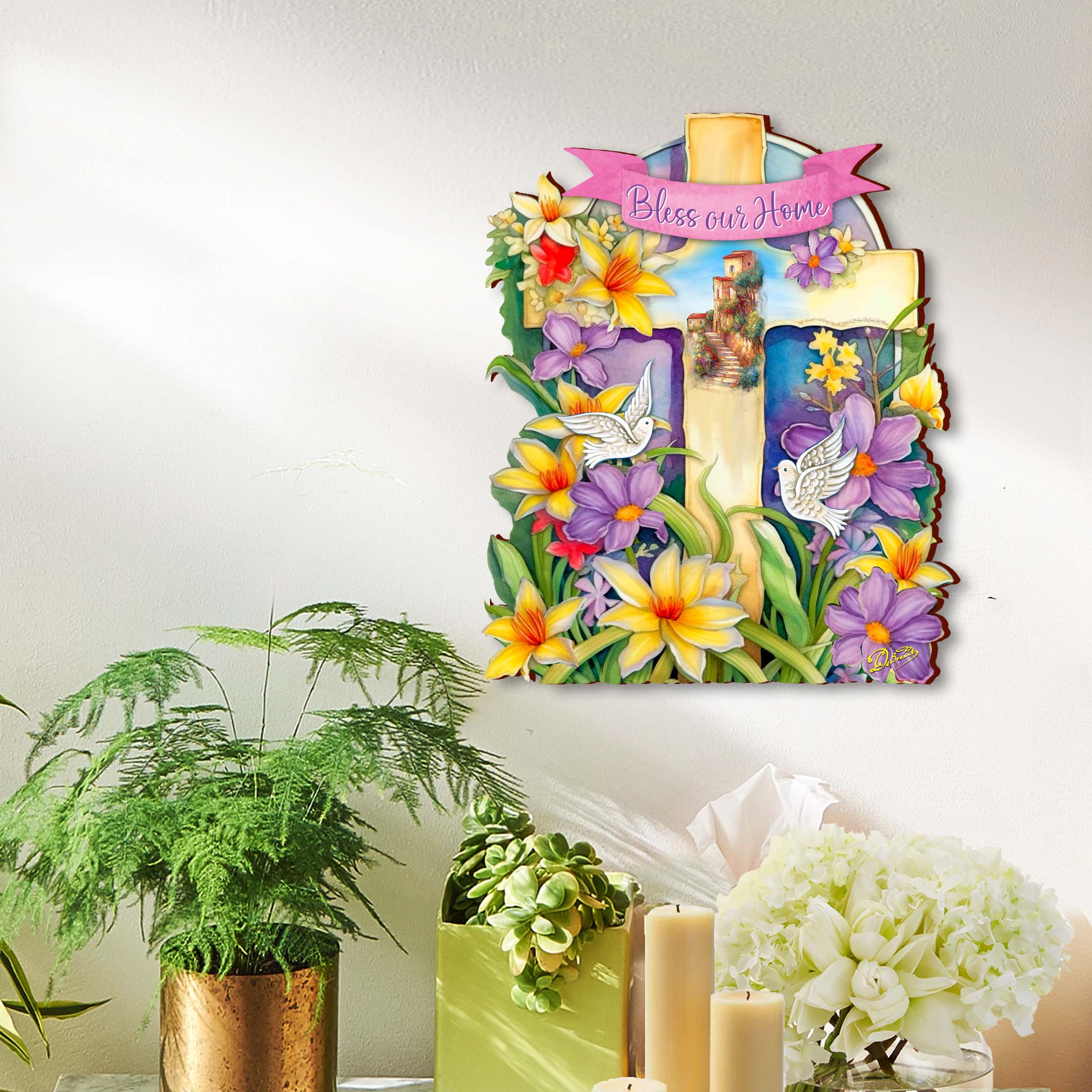 Bless Our Home Wooden Cross by G. Debrekht - Easter Spring Décor - 88161-3