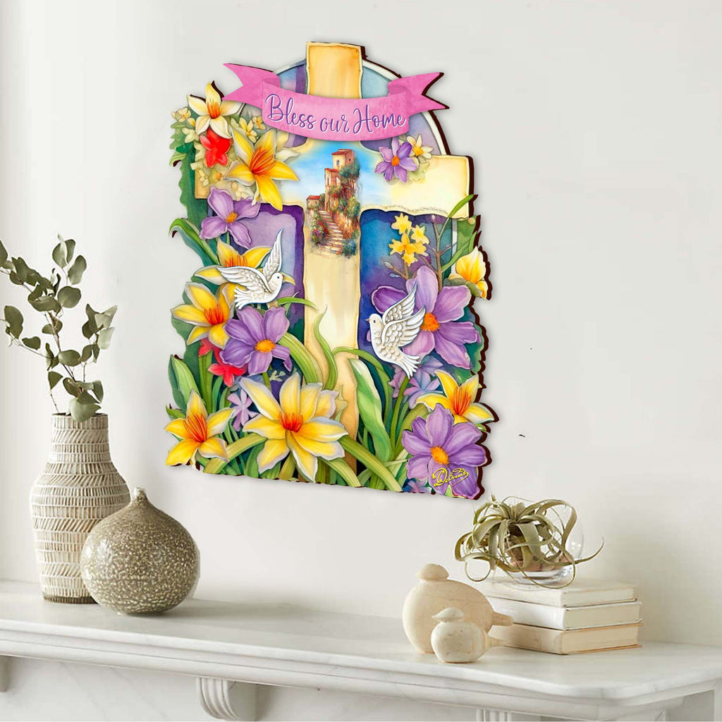 Bless Our Home Wooden Cross by G. Debrekht - Easter Spring Décor - 88161-1
