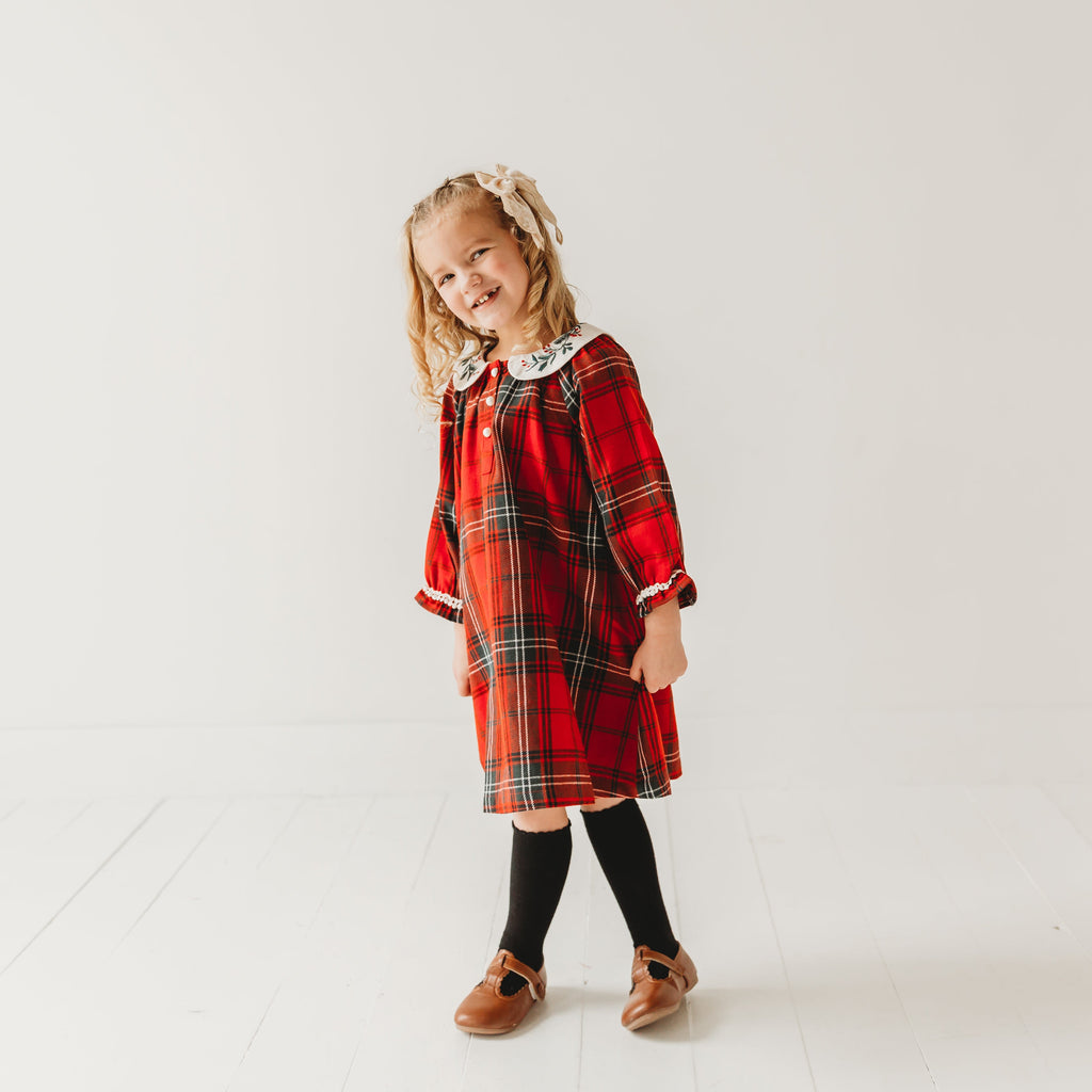 Red Plaid Girl's Christmas Dress Embroidery