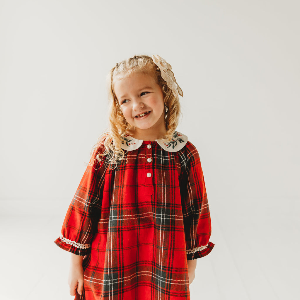 Red Plaid Girl's Christmas Dress Embroidery