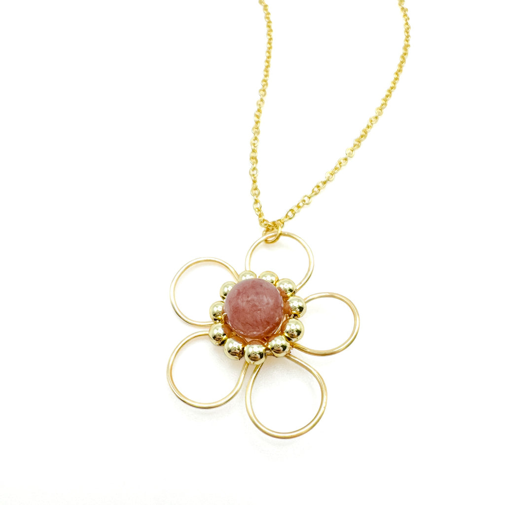 Astrid gold flower and pink agate pendant necklace