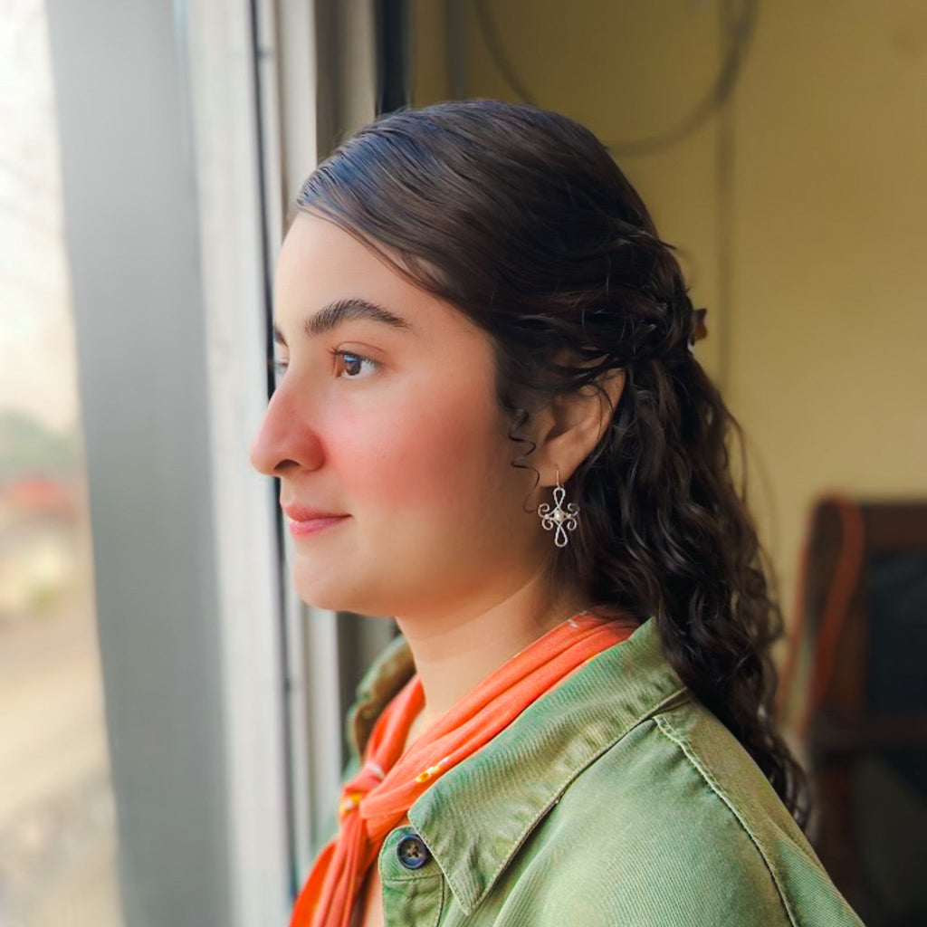 Ava silver wire cross and pearl earrings