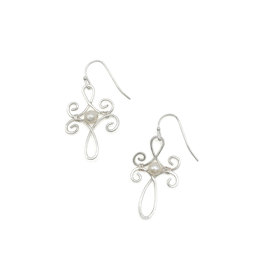 Ava silver wire cross and pearl earrings