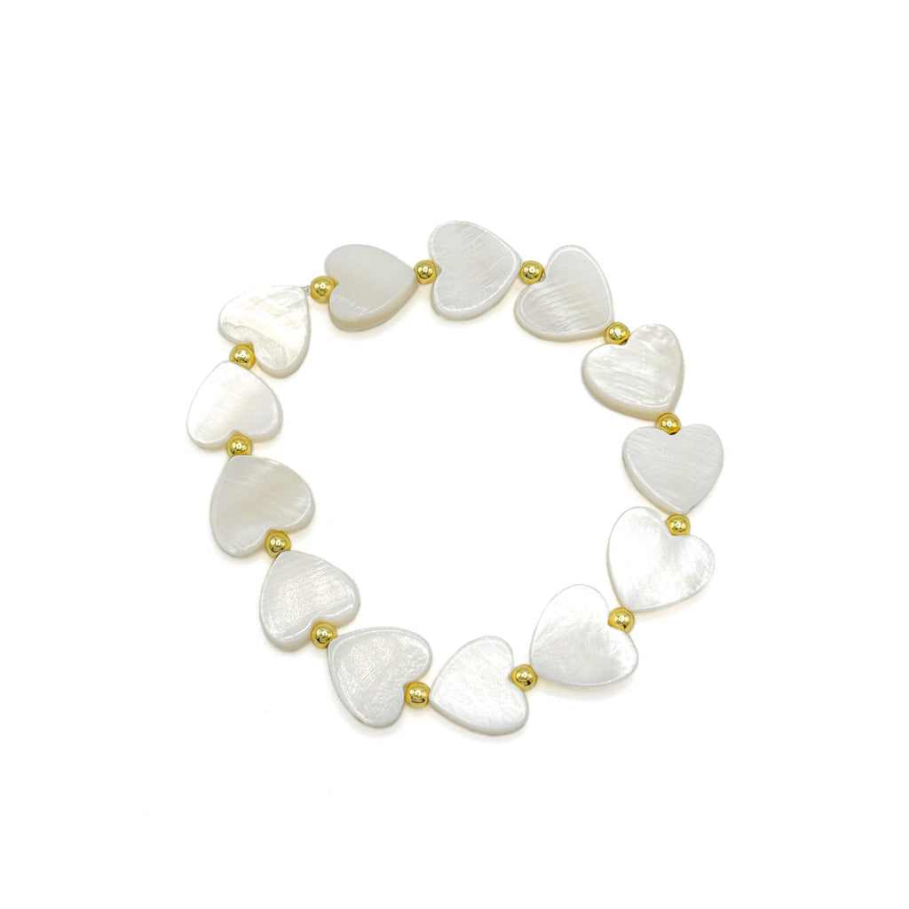 Be Mine mother of pearl heart and gold bead stretch bracelet