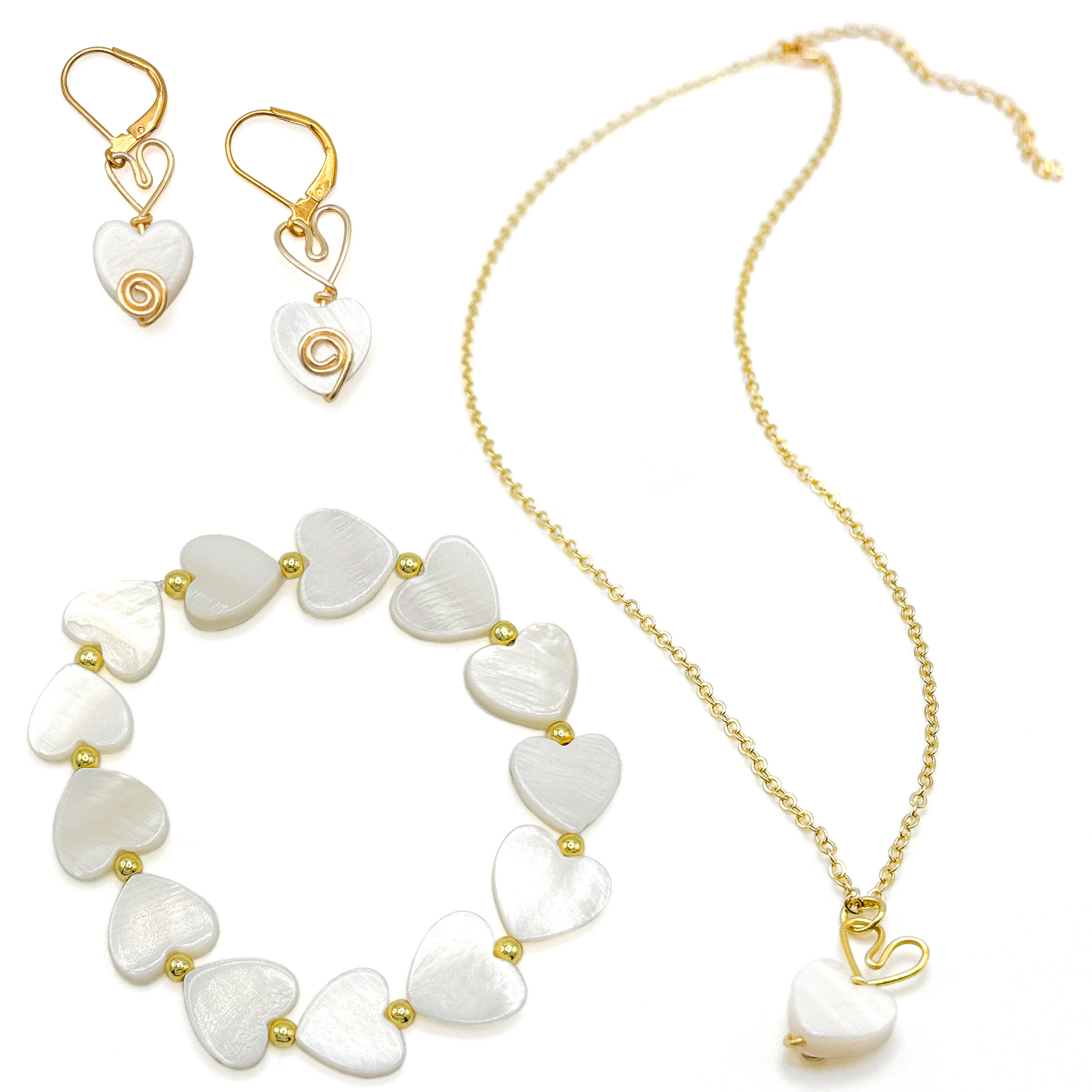 Be Mine mother of pearl heart and gold bead stretch bracelet