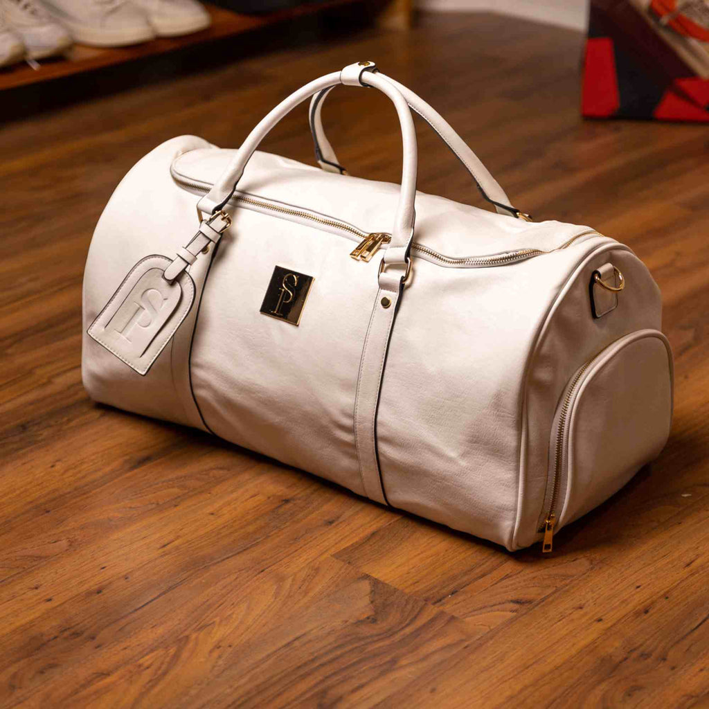 White Leather Weekender Duffle Bag