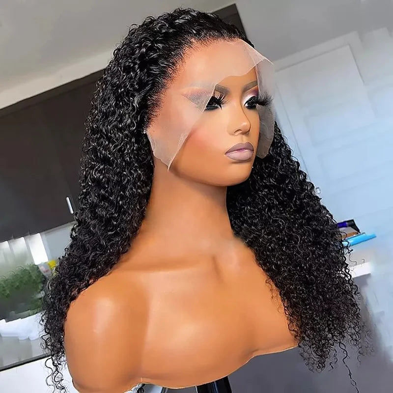 High Quality Human Hair Wigs Jet Black Color Afro Curly Virgin Cuticle Aligned Hair Lace Frontal Wigs