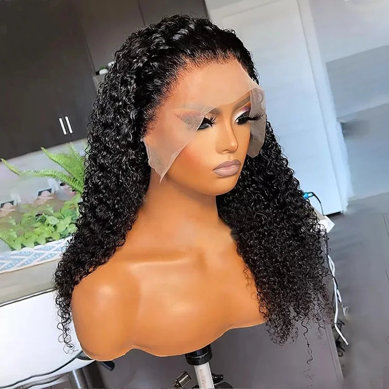 High Quality Human Hair Wigs Jet Black Color Afro Curly Virgin Cuticle Aligned Hair Lace Frontal Wigs