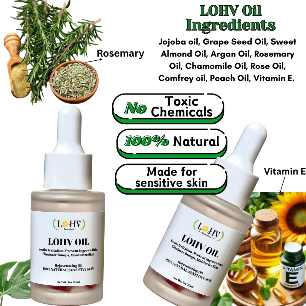 LOHV Multi-Purpose PREMIUM Rose Oil For Sensitive Skin. Clear Up Bumps, Ingrown Hairs On Face and Bikini Line, Soothes Irritation with Rosemary Oil + Vitamin E Oil + Grape Seed Oil + Sweet Almond Oil