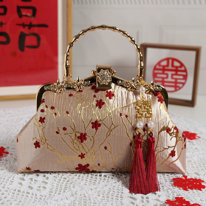 Original Gold Background Red Flower Retro for Cheongsam Chinese Traditional Costume Tea Clothing Wedding Satchel for Elders Crossbody Female Chinese Ancient Style Xi Po Bag