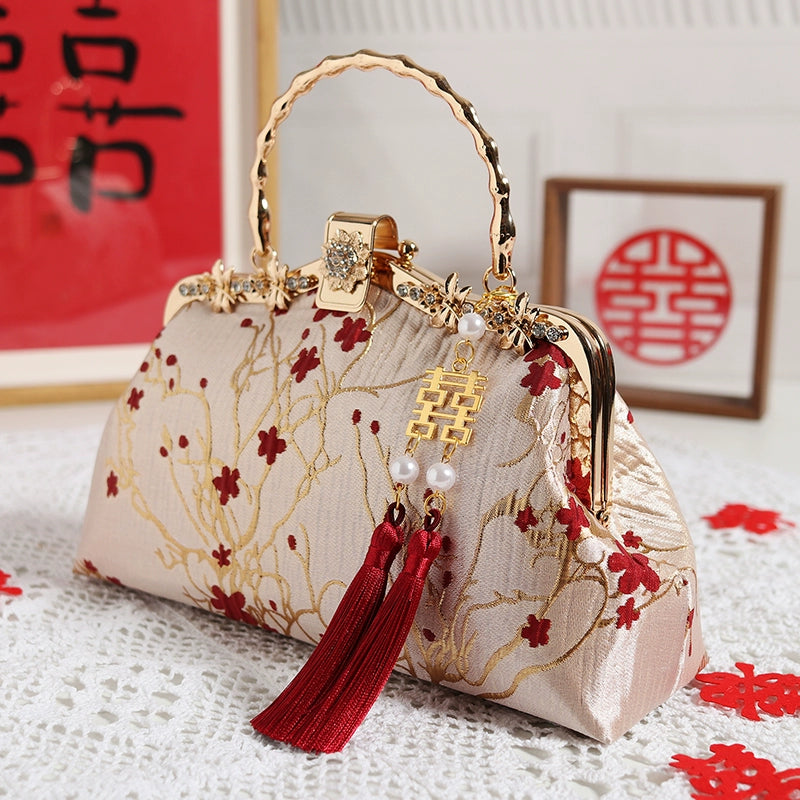 Original Gold Background Red Flower Retro for Cheongsam Chinese Traditional Costume Tea Clothing Wedding Satchel for Elders Crossbody Female Chinese Ancient Style Xi Po Bag