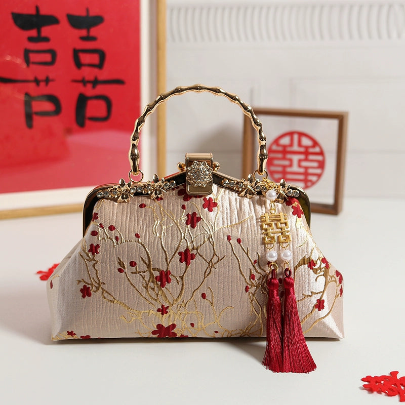 Original Gold Background Red Flower Retro for Cheongsam Chinese Traditional Costume Tea Clothing Wedding Satchel for Elders Crossbody Female Chinese Ancient Style Xi Po Bag
