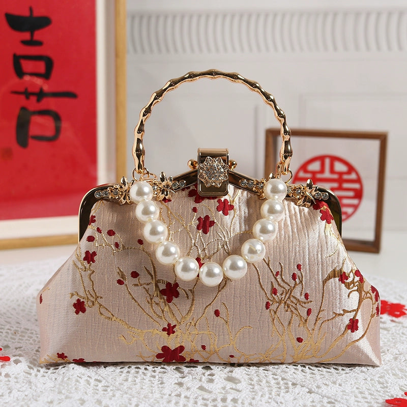 Original Gold Background Red Flower Retro for Cheongsam Chinese Traditional Costume Tea Clothing Wedding Satchel for Elders Crossbody Female Chinese Ancient Style Xi Po Bag