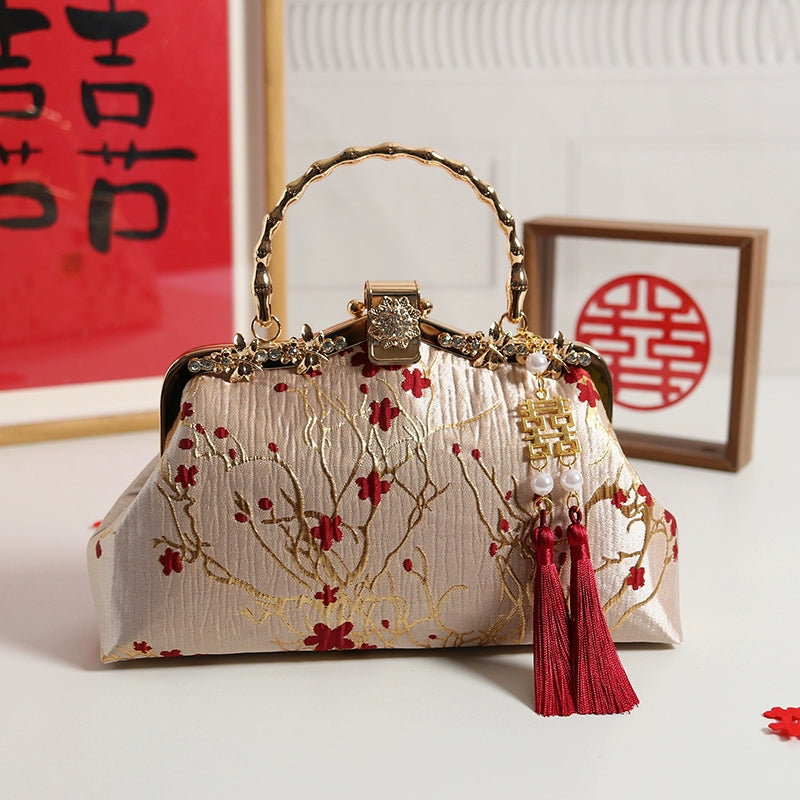 Original Gold Background Red Flower Retro for Cheongsam Chinese Traditional Costume Tea Clothing Wedding Satchel for Elders Crossbody Female Chinese Ancient Style Xi Po Bag