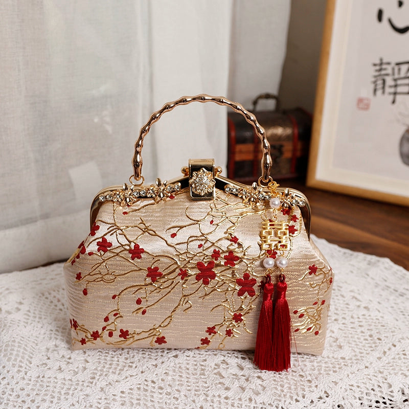Original Gold Background Red Flower Retro for Cheongsam Chinese Traditional Costume Tea Clothing Wedding Satchel for Elders Crossbody Female Chinese Ancient Style Xi Po Bag