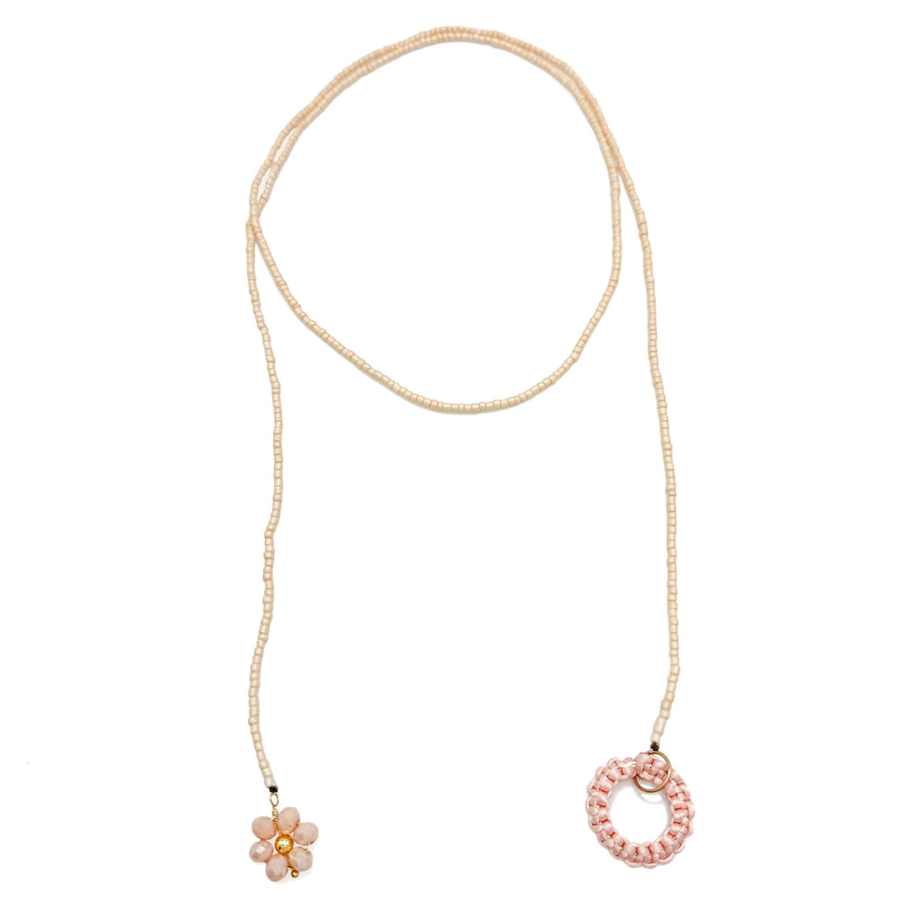 Peach Blossom peach and cream beaded Y necklace with crystal and gold flower detail