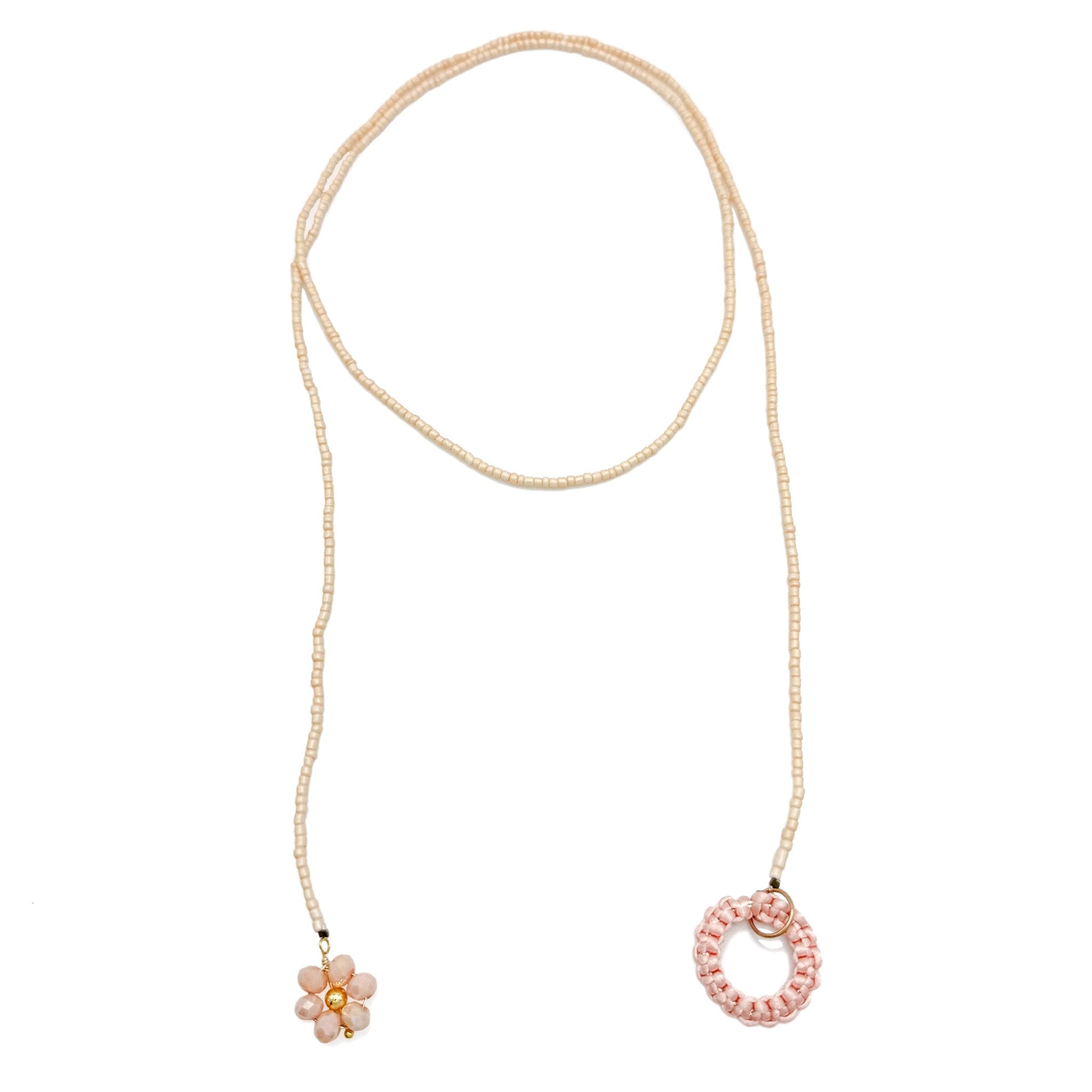 Peach Blossom peach and cream beaded Y necklace with crystal and gold flower detail
