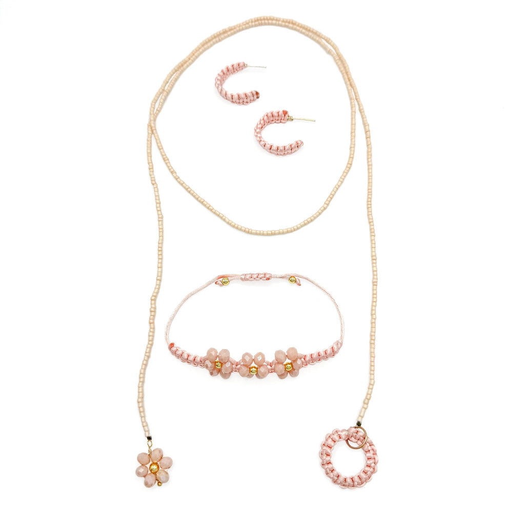 Peach Blossom peach and cream beaded Y necklace with crystal and gold flower detail