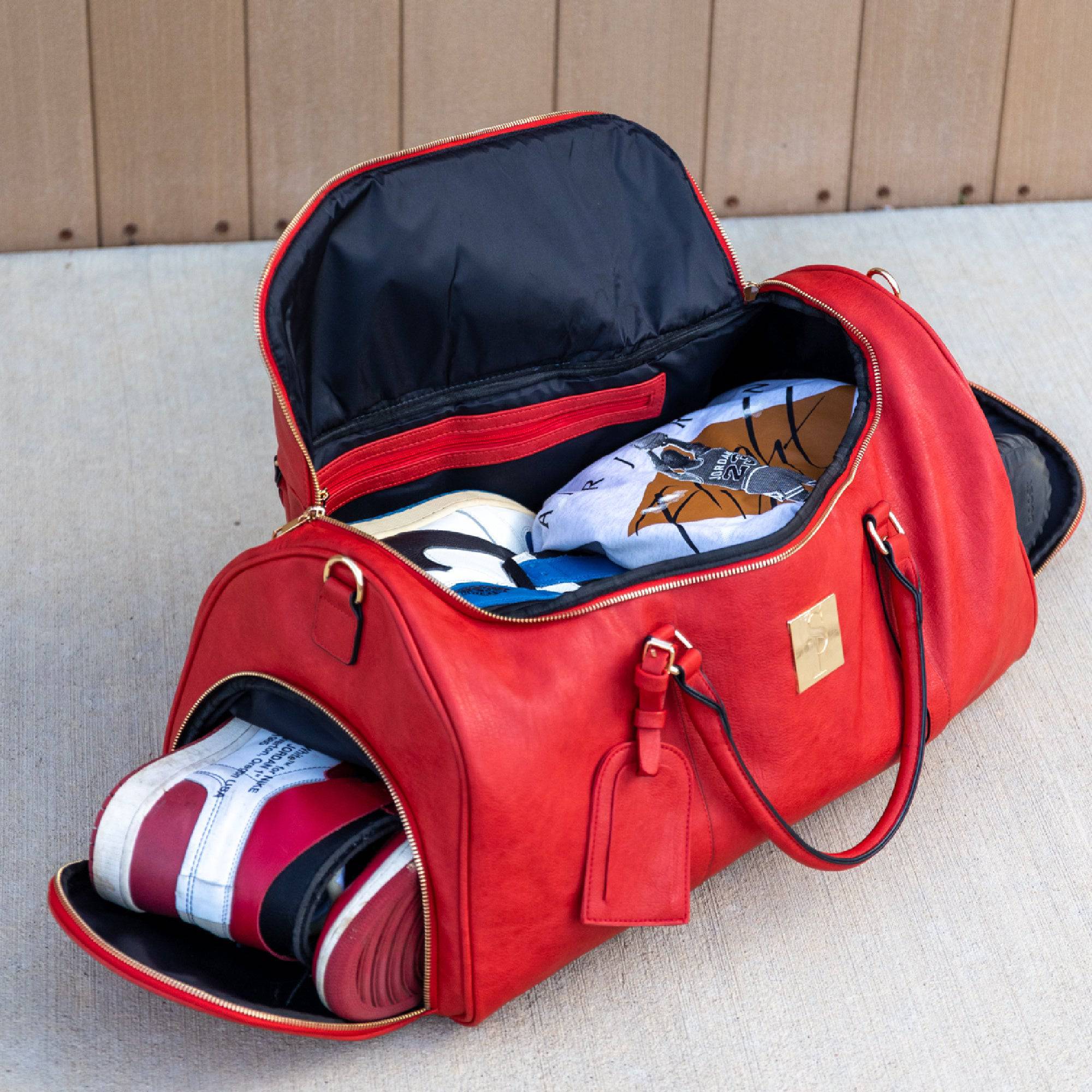 Red Tumbled Leather Weekender Duffle Bag