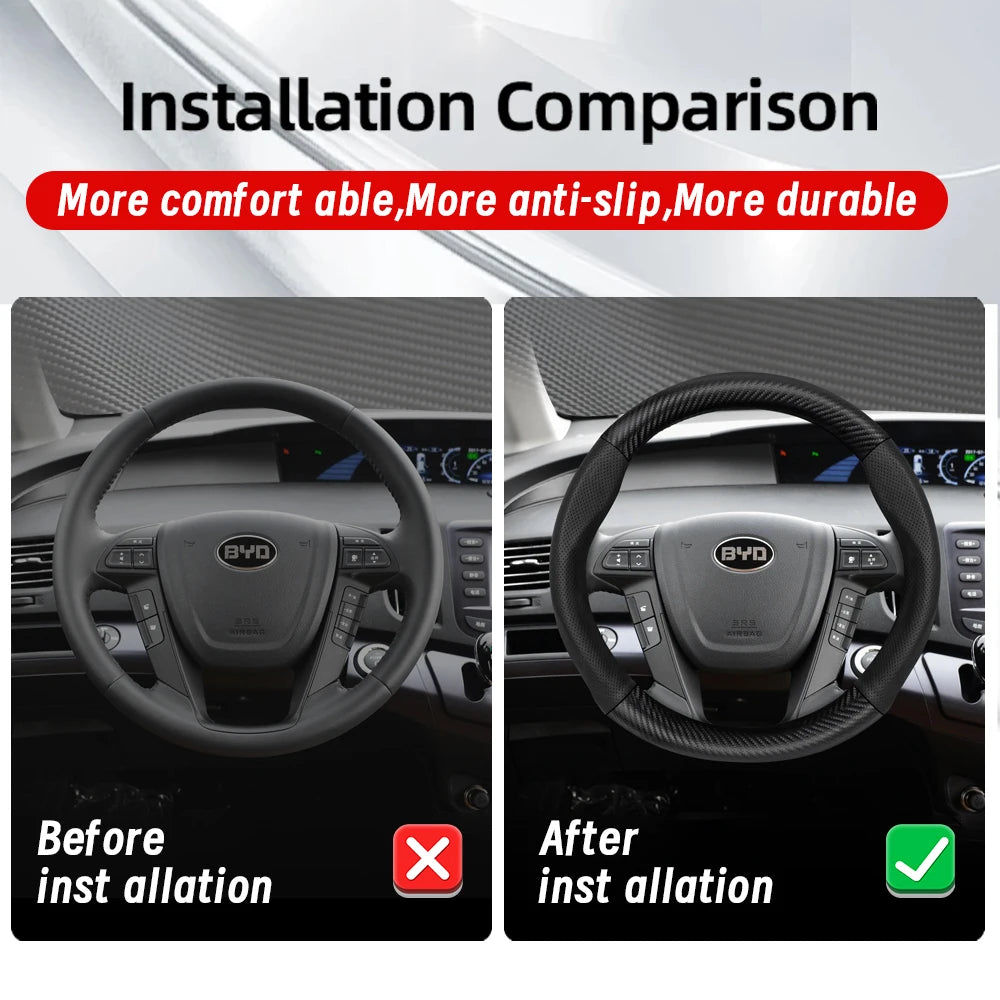 Suitable for Byd Breathable Leather Matte Carbon Fiber Texture Steering Wheel Cover Suitable for Dolphin Mini Seal Atto 3 King Shark 6 Song Pro Seagull F0 Sealion 7 Yuan Plus Dmi Cars Accessories