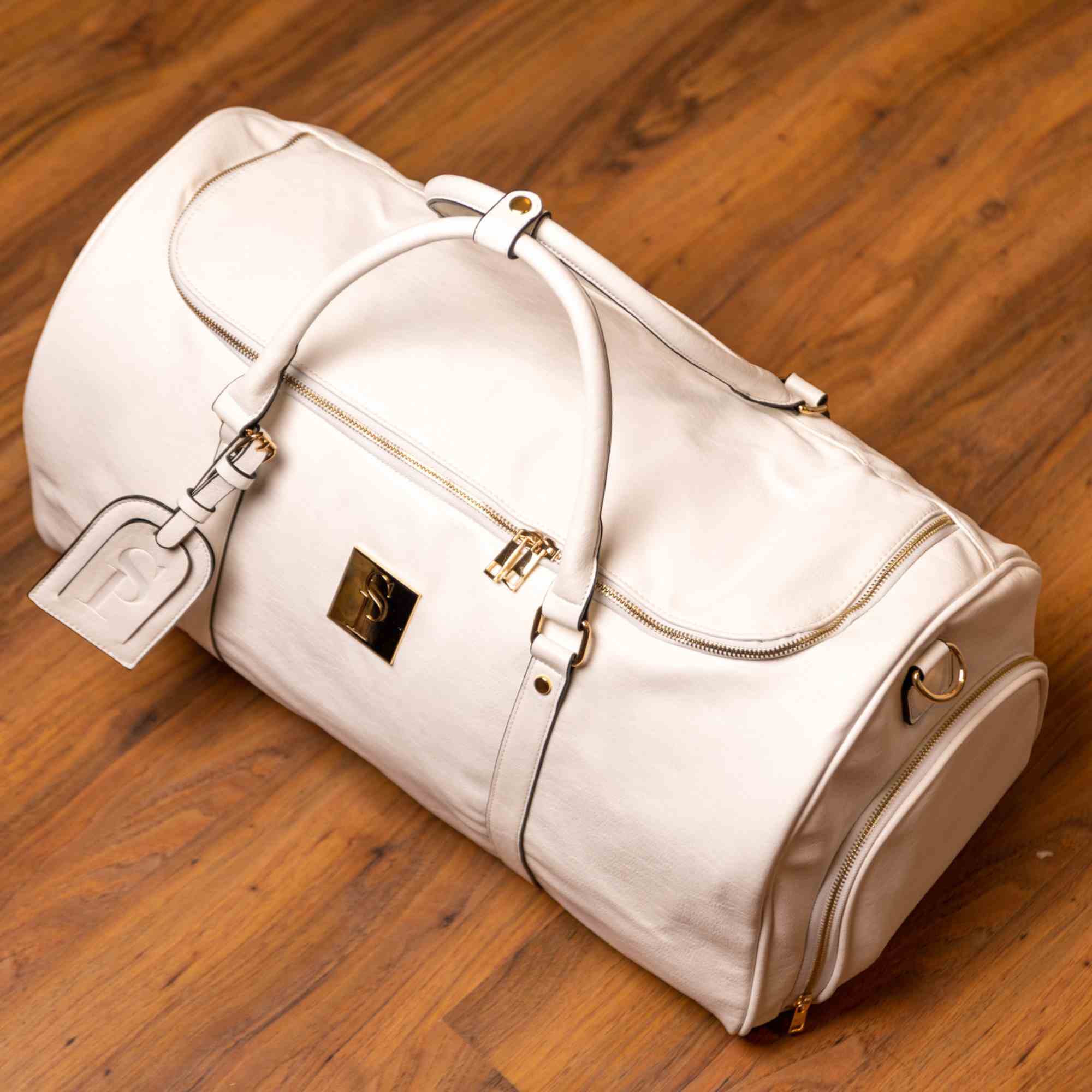 White Leather Weekender Duffle Bag