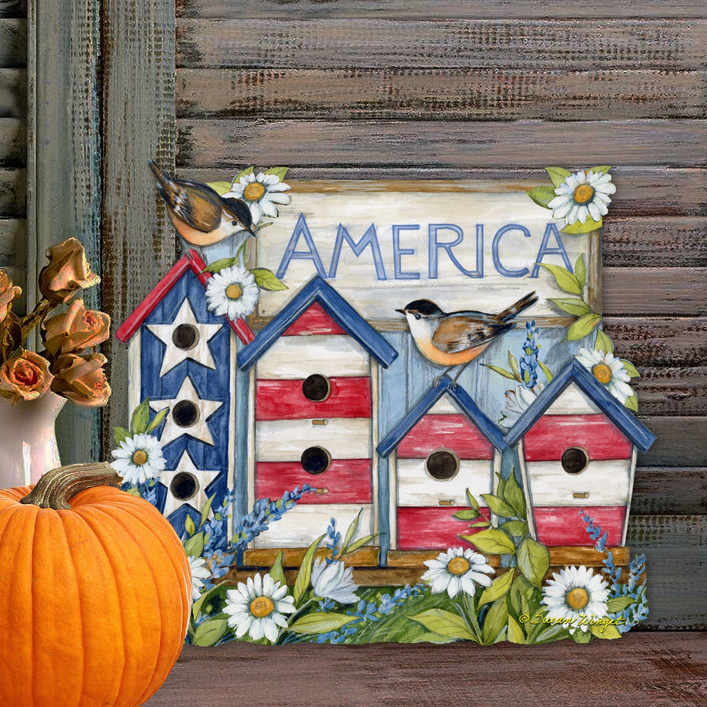 Front Door Patriotic Decoration American Red and White Birdhouse Welcome Sign - Handmade Gift Rustic Adornment by Susan Winget for Wooden Front Porch Decor - 8471213H-SW-2