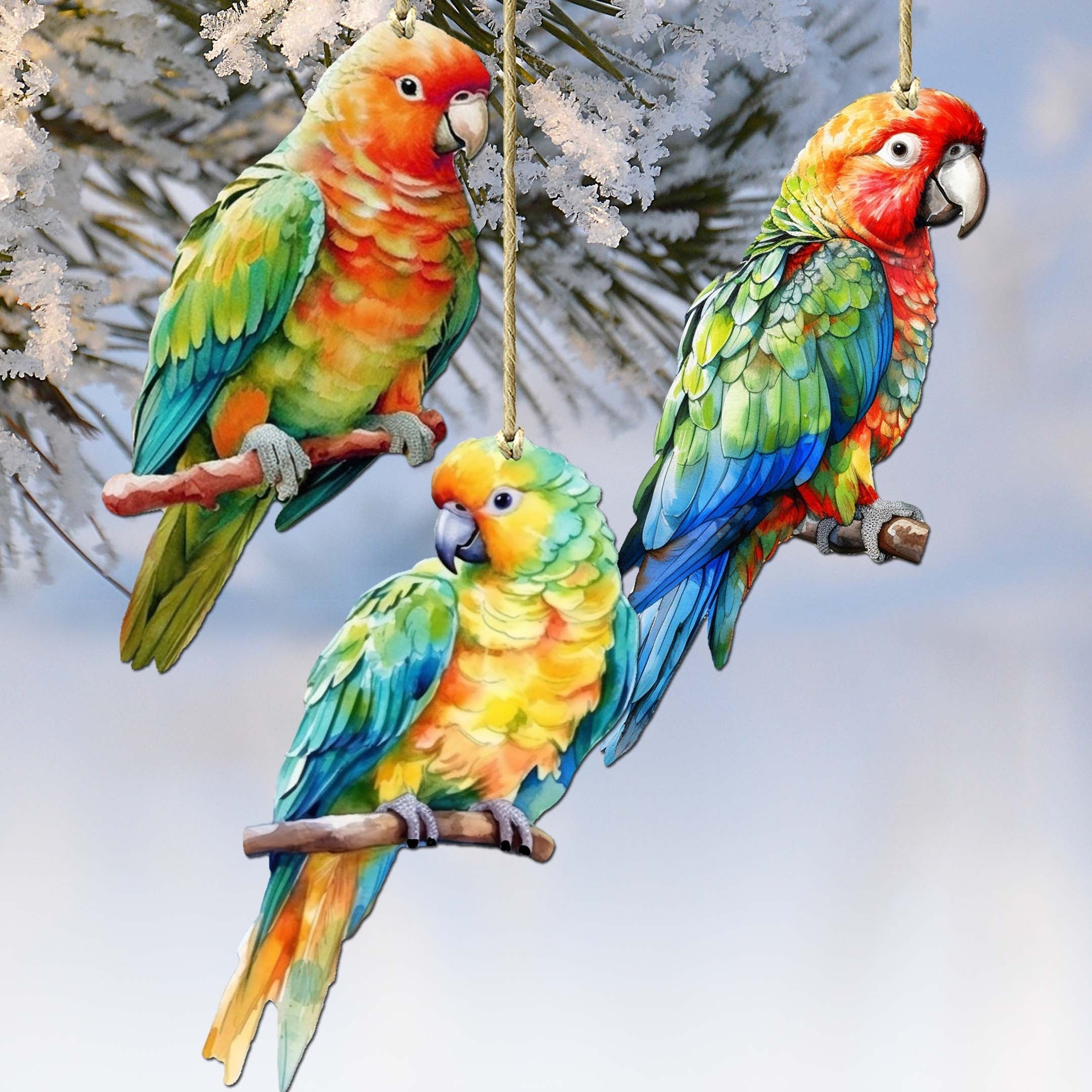 Parrots Decorative Wooden Ornaments of 3 by G. Debrekht - Wildlife Decor - 8091013-S3-0