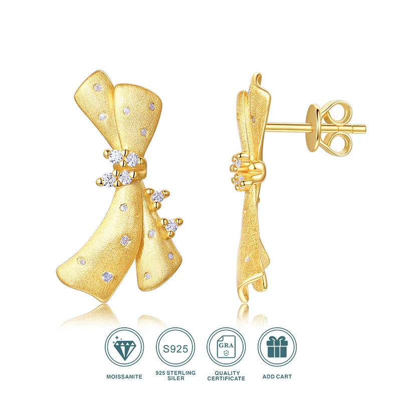 Moissanite 925 Sterling Silver 18K Gold Plated Bow Stud Earrings For Women