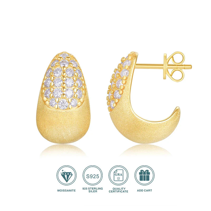 Moissanite Drop Hoop Earrings S925 Sterling Silver 18K Gold Plated Brushed